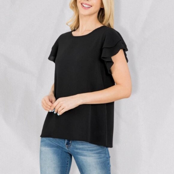 You & Me Top Layered Ruffle Short Sleeve Stretchable Round Neckline Black W XL - Picture 1 of 4